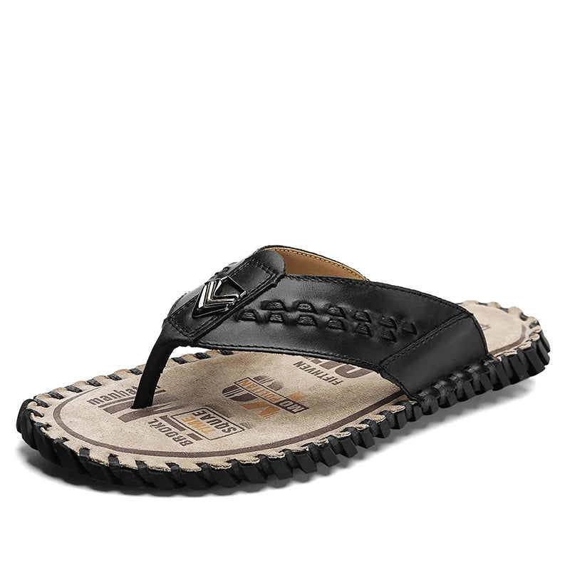 Durable Hand Stitched Men Casual Slippers Full Grain Cow Leather Soft Insole Anti Slip Summer Indoor Outside Slide Shoes