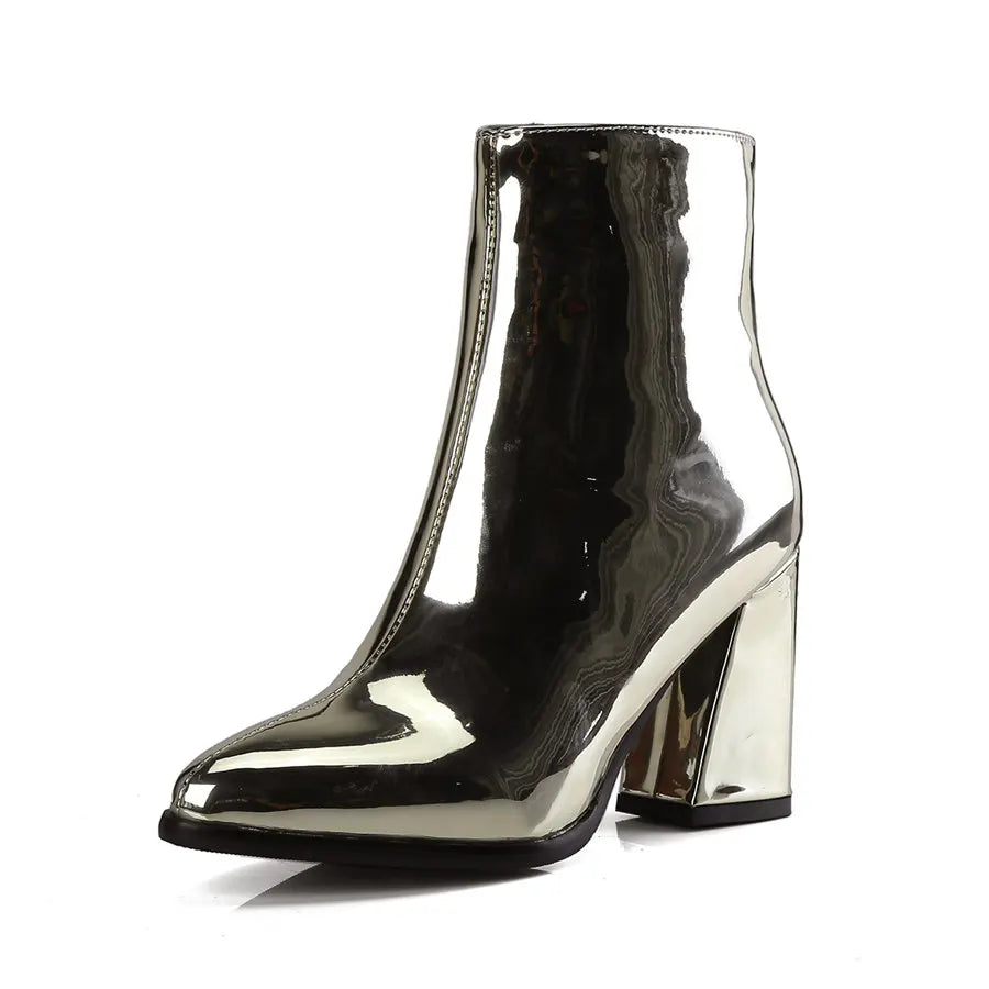 Silver Winter Women Ankle Boots Gold Mirror Patent Leather High Block Heel Party Office Lady Sexy Pointed Toe Zipper Short Plush