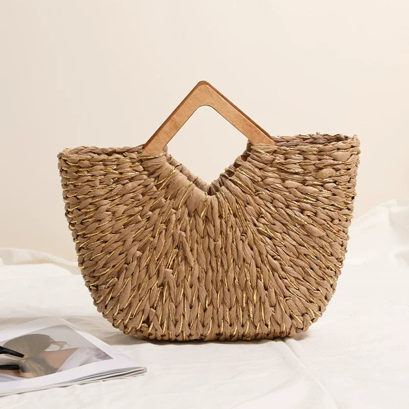 Lady Fashion Summer Women's Top Handbag Bohemia Style Wooden Handle Tote Soft Chains Handmade Straw Woven Basket Shopper