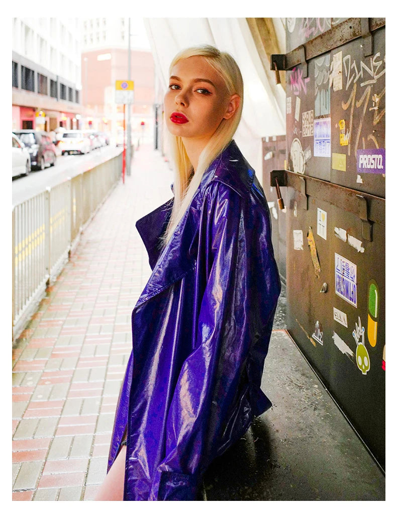 Nerazzurri Spring Autumn Purple Shiny Womens Patent Leather trench coat belt raglan sleeve Oversized soft runway long Overcoat