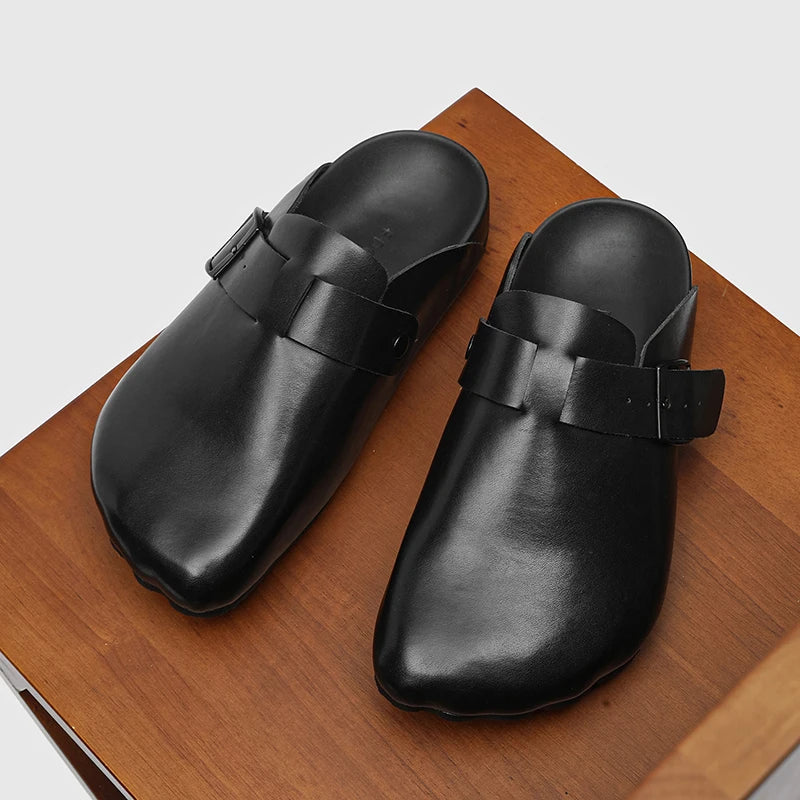 Men Women Soft Head Layer Leather Mules Thick Sole Minimalist Style Slip on