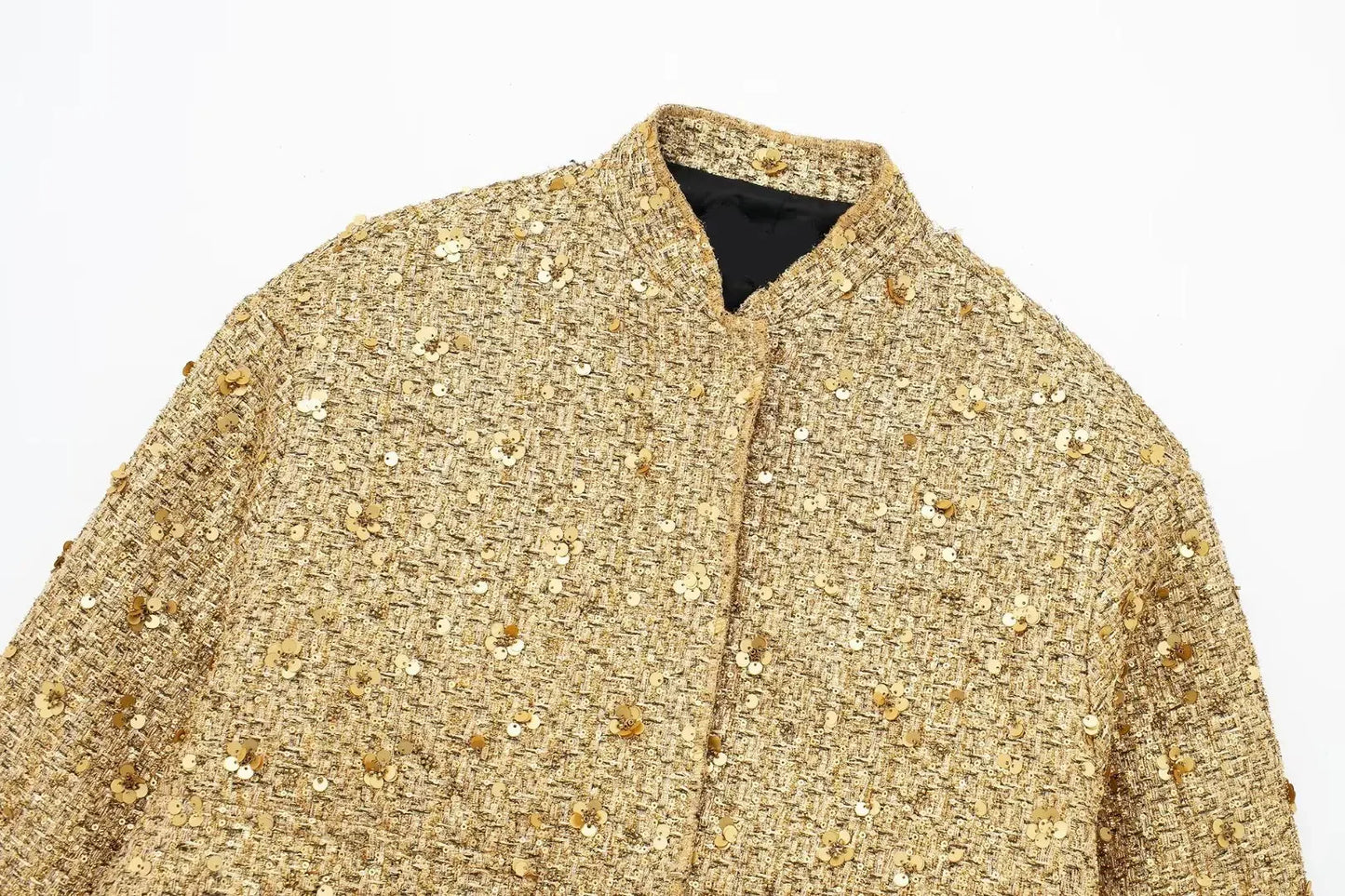 Women's Sequined Bomber Jacket Fall New Round Neck Long Sleeve Pocket Stretch Hem Sequins Jacket Coat Female Chic Outerwear