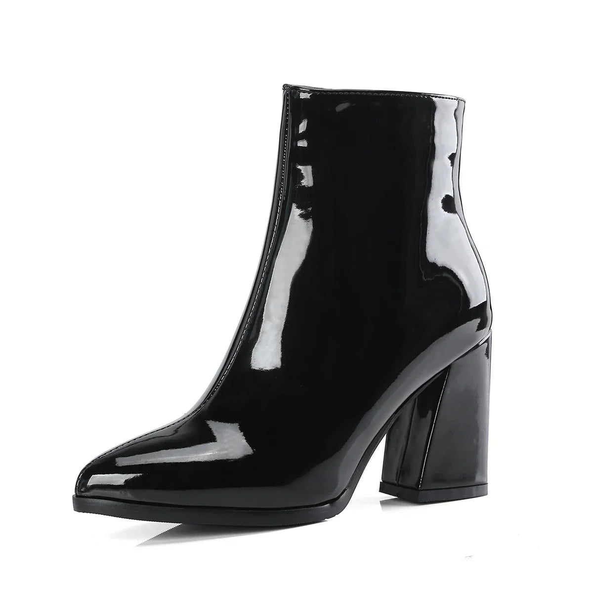 Silver Winter Women Ankle Boots Gold Mirror Patent Leather High Block Heel Party Office Lady Sexy Pointed Toe Zipper Short Plush