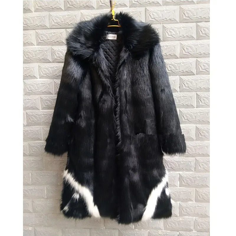 Cool Winter Unisex Thickening faux fur Long jacket Black Gown white devil windbreaker Imitation Faux Fox grimace Fur Coat