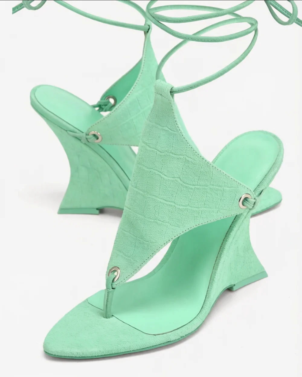 Mint Green Croc-Embossed Suede Wedge Sandals Lace-Up Ankle Ties Thong Style Wedge Heel Perfect for Summer Vacations