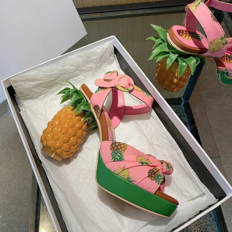 Sweet Lady Pineapple Heels High Heels Women's Thick Bottom Water Platform Printed Fabric Personalized Ultra High Heels Oversize