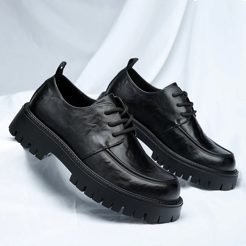 Men's Fashion Genuine Leather British Style Thick Bottom Work Shoes Classic Lace Up Comfortable Anti Slip Big Head Leather Shoes
