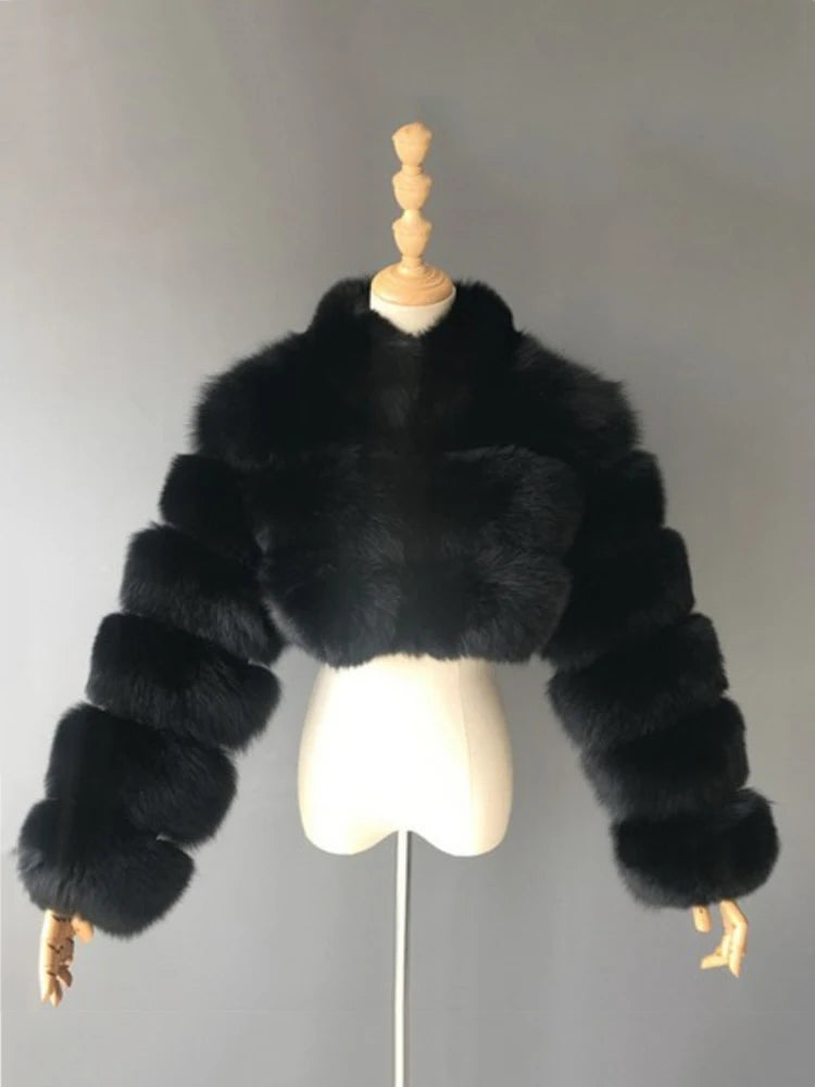 DEAT Fashion Women's Faux Fur Coat Stand Neck Long Sleeve Zipper Short Solid Color Thick Warm Jackets Winter 2024 New 7AB6434