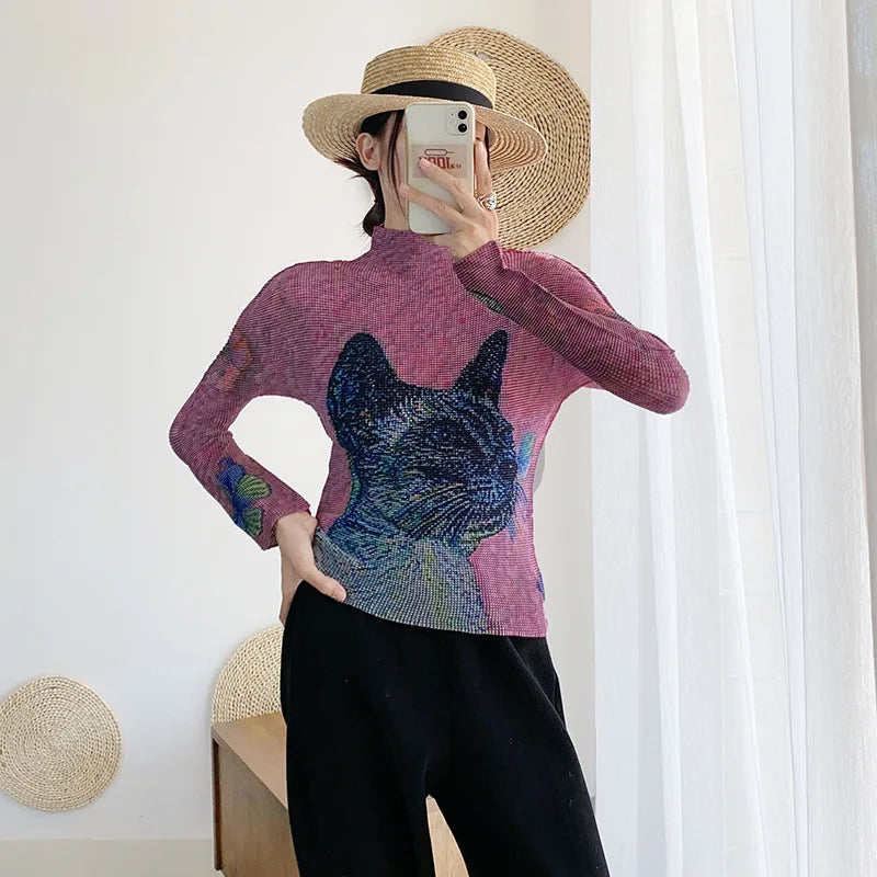 Miyake Pleated Contrasting Colors T-shirt Women Half Turtleneck Skinny Pullover 2025 Summer Fashion Female Clothing
