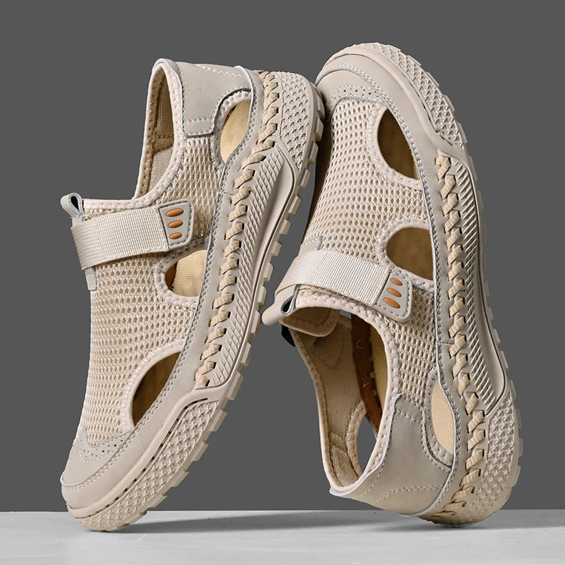 Brand Mesh Leather Men Summer Loafers Breathable Driving Shoes Moccasins Hollow Out Male Cool Lazy Shoe Leisure Walk Men Sandals