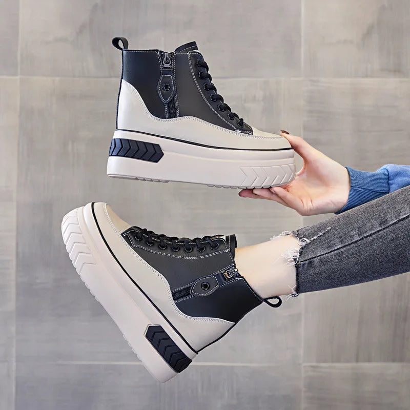 High Top Women Shoes Genuine Leather 8cm Platform Boots Ankle Wedge Hidden Heel Zip Autumn Warm Fur Winter Shoes Sneakers