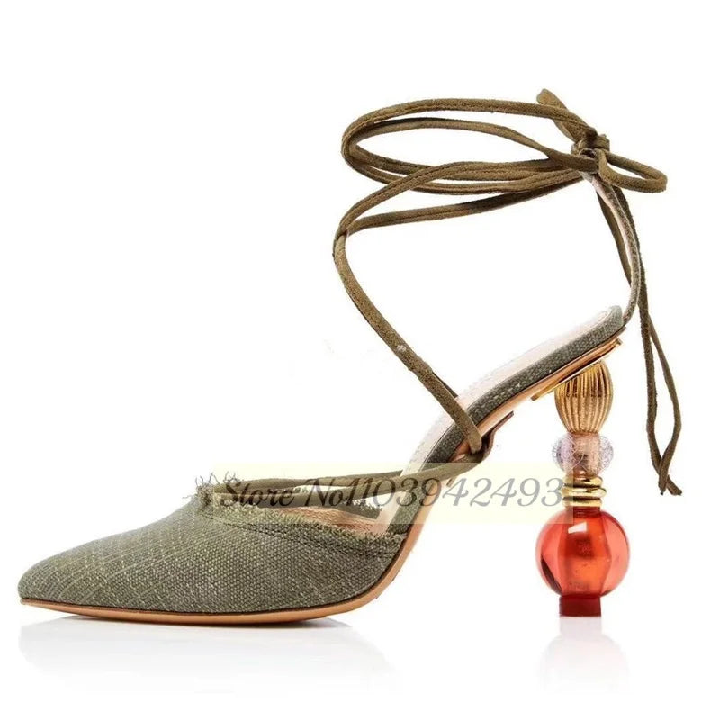 Light Blue Heels Lantern Heeled Sandals Women Strappy Pointed Toe Luxury Desigher Shoes Lace Up Solid White Blue Shoe Sandalias