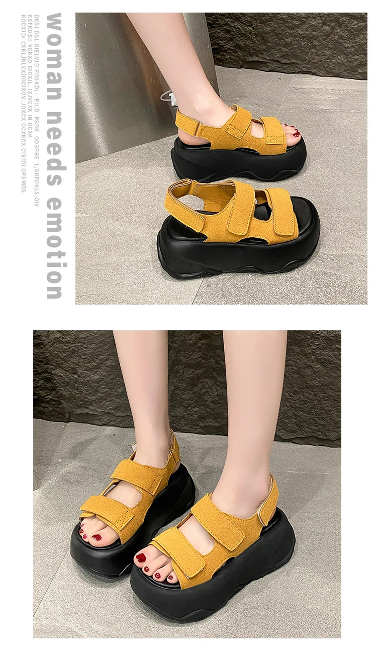 7CM High Platform Leather Sandals Women New Summer Breathable High Heels Ladies Beach Sneakers Wedges Chunky Slippers Sandalias