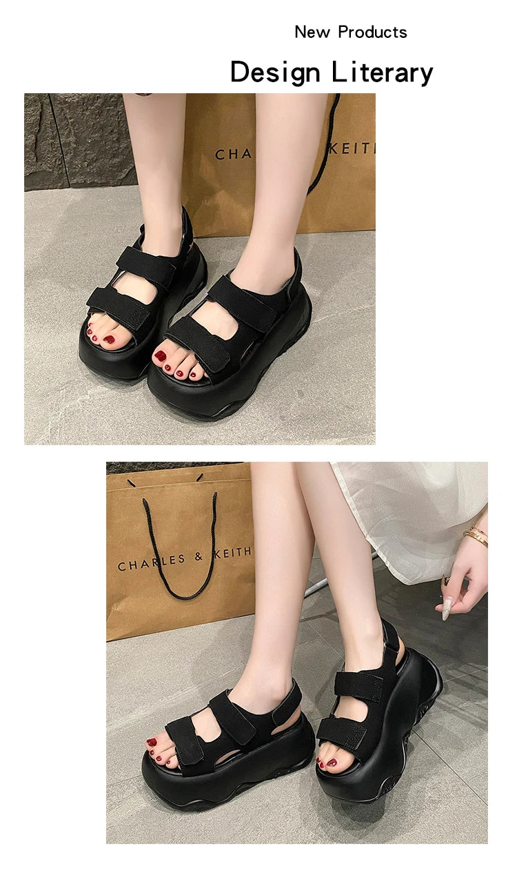 7CM High Platform Leather Sandals Women New Summer Breathable High Heels Ladies Beach Sneakers Wedges Chunky Slippers Sandalias