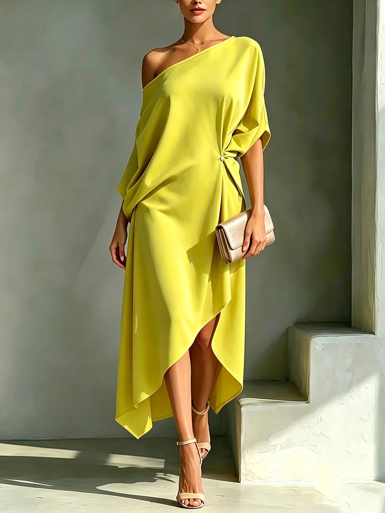 Elegant Off Shoulder Half Sleeve Dress Women Summer Batwing Sleeves Irregular Button Design Vintage Casual Holiday Beach Dresses