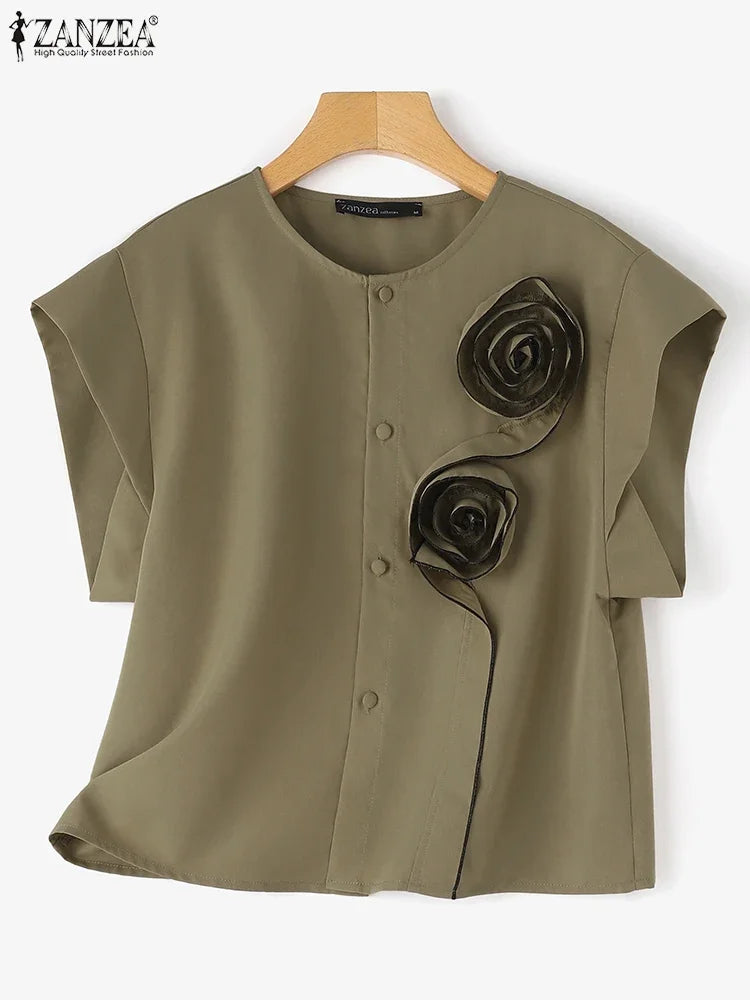ZANZEA 2025 Summer Blouses Women Three-D Flowers Shirts Short Sleeve Blusas Chic Round Neck Shirts Casual Loose Colorblock Tops