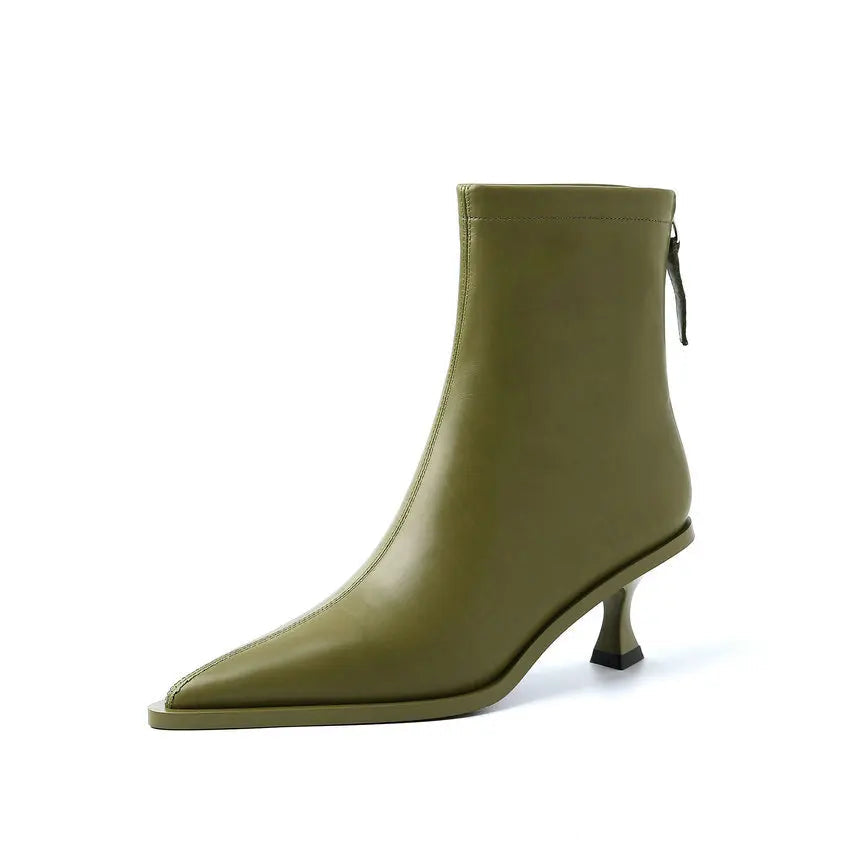 Chic Leather Women Ankle Boots Autumn Winter Office Lady Pointed Toe Thin High Heels  Short Booties Army Green