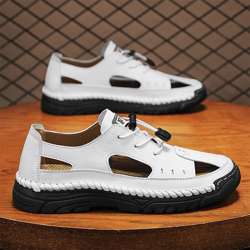Summer Classic White Soft Bottom Handmade Stitching Beach Men's Shoes Outdoor Men's Comfortable Hollow Breathable Casual Shoes