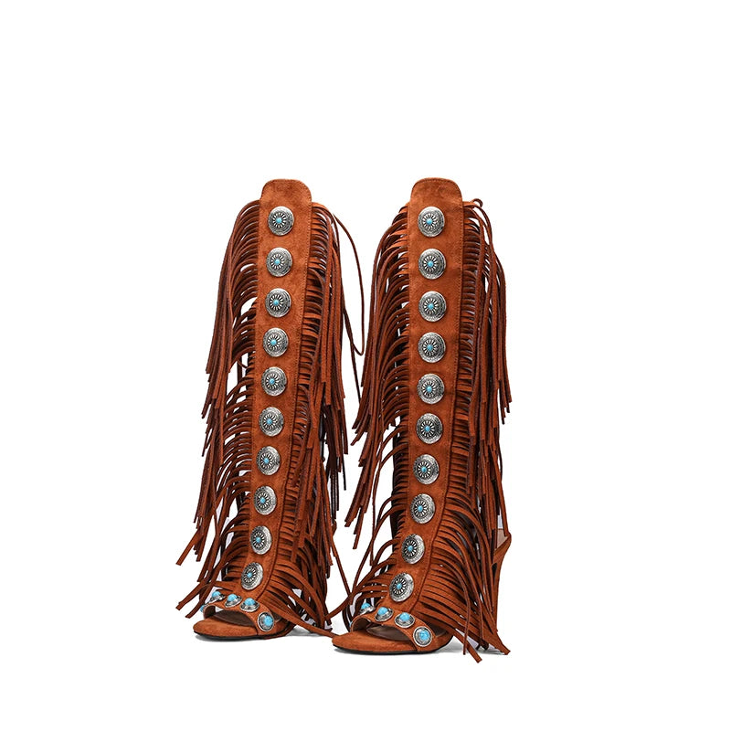 Summer Sandals cow suede leather tassel women sandal peep toe sexy lace up knee high shoes US size