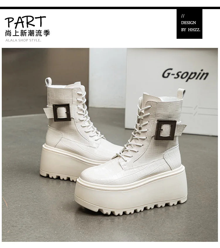 Fujin 8cm New Women Combat Boots Ankle Booties Platform Sneakers Spring Autumn Warm Fur Winter Genuine Leather Women Shoes Boot