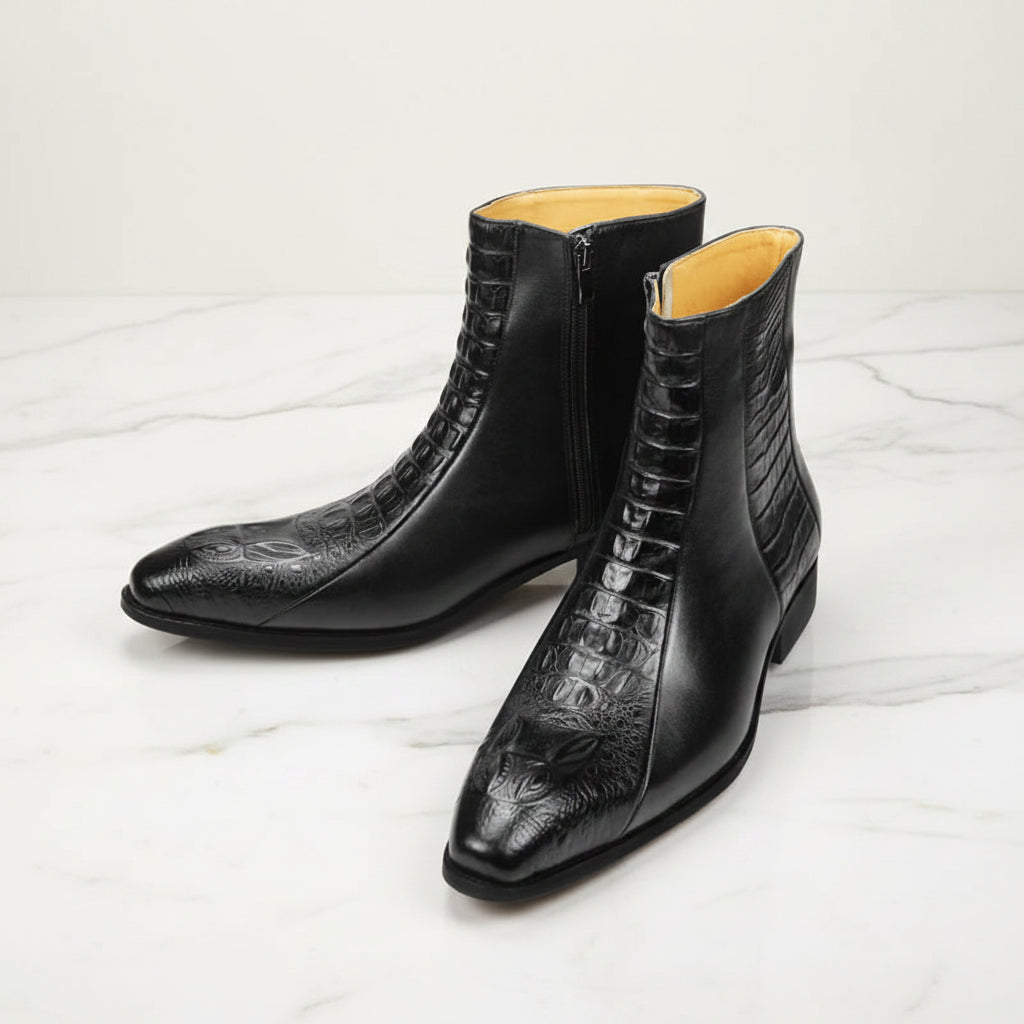 Genuine Leather Mens Boots Autumn Winter Vintage English Style Pointed Toe Work Boots Exquisite Crocodile Engraved Zipper Shoes