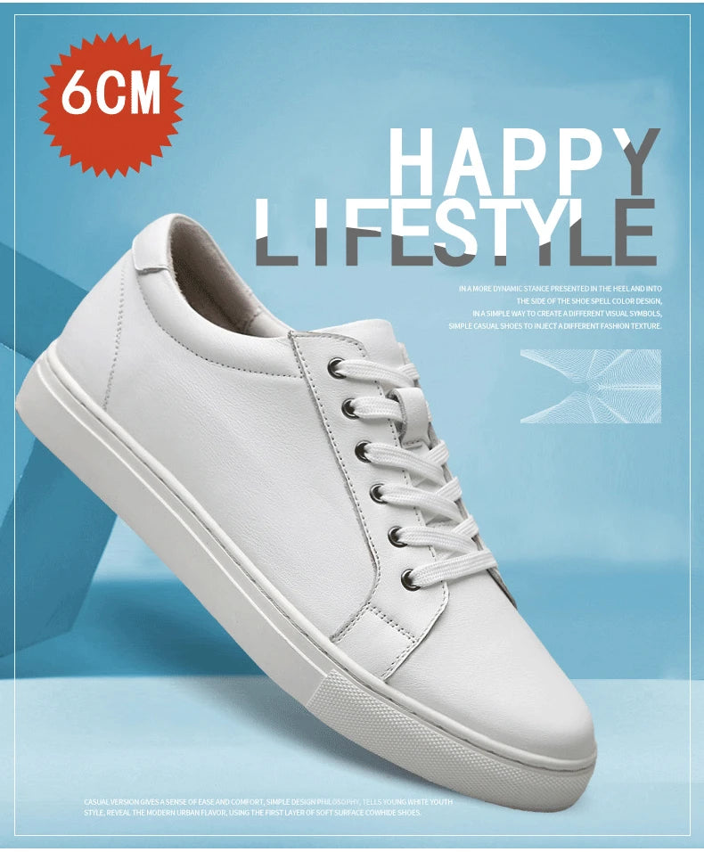 Man Elevator Shoes Height Increase Insoles High Heels Shoes 5-6CM Shoes Tall Shoes White Genuine Leather Shoes Men Sneakers