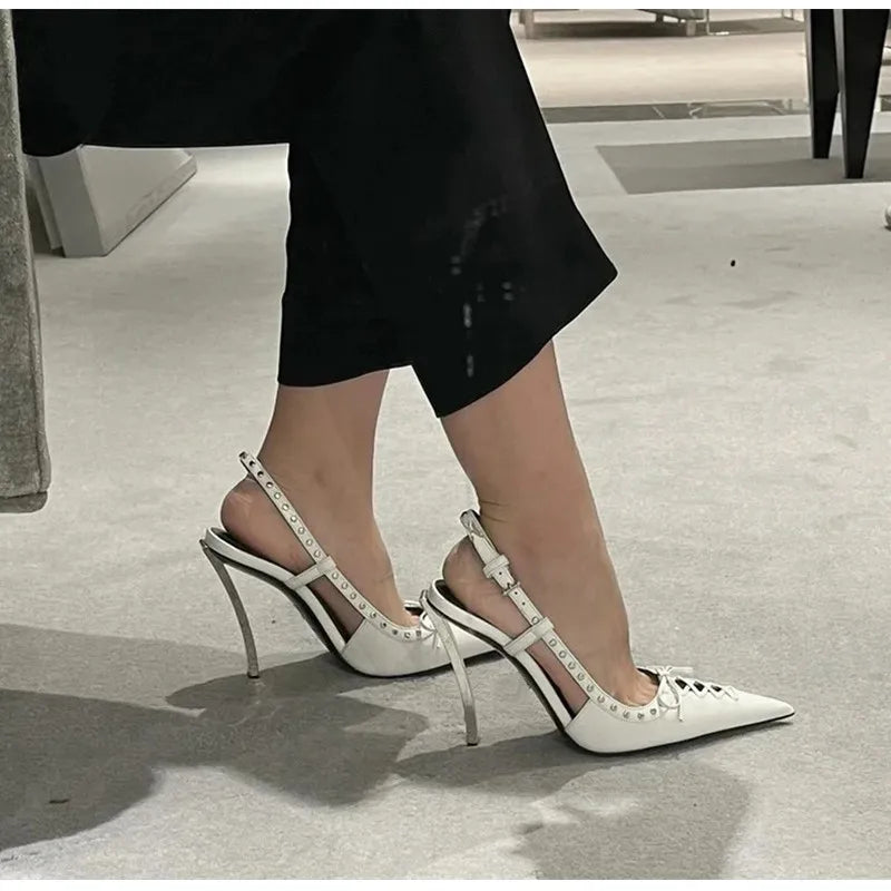 Patent Leather Rivet Women Pumps Elegant Pointed toe Lace-up Office Lady Slingbacks High heels Party Shoes 2026 Summer Fashion