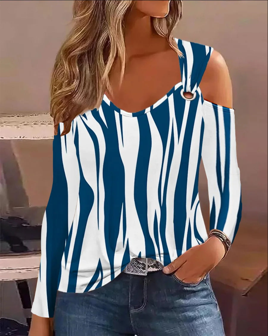 Womens Floral Print Cold Shoulder Long Sleeve Top Ring Strap V Neck Loose Casual Daily Commute Fashion Blouse