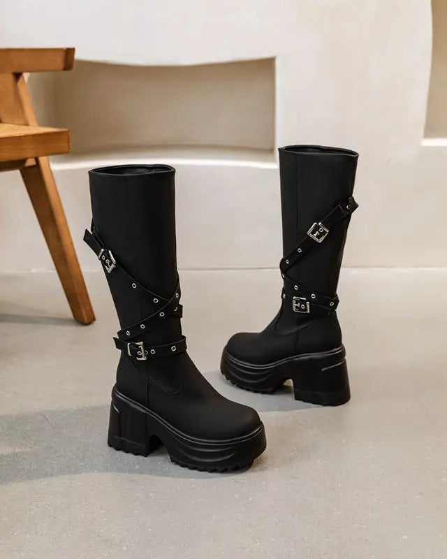Fujin 10cm Microfiber Women Boots British Boots ZIP Synthetic Leather Ankle Spring Platform Wedge Knee High Fashion Autumn Shoes