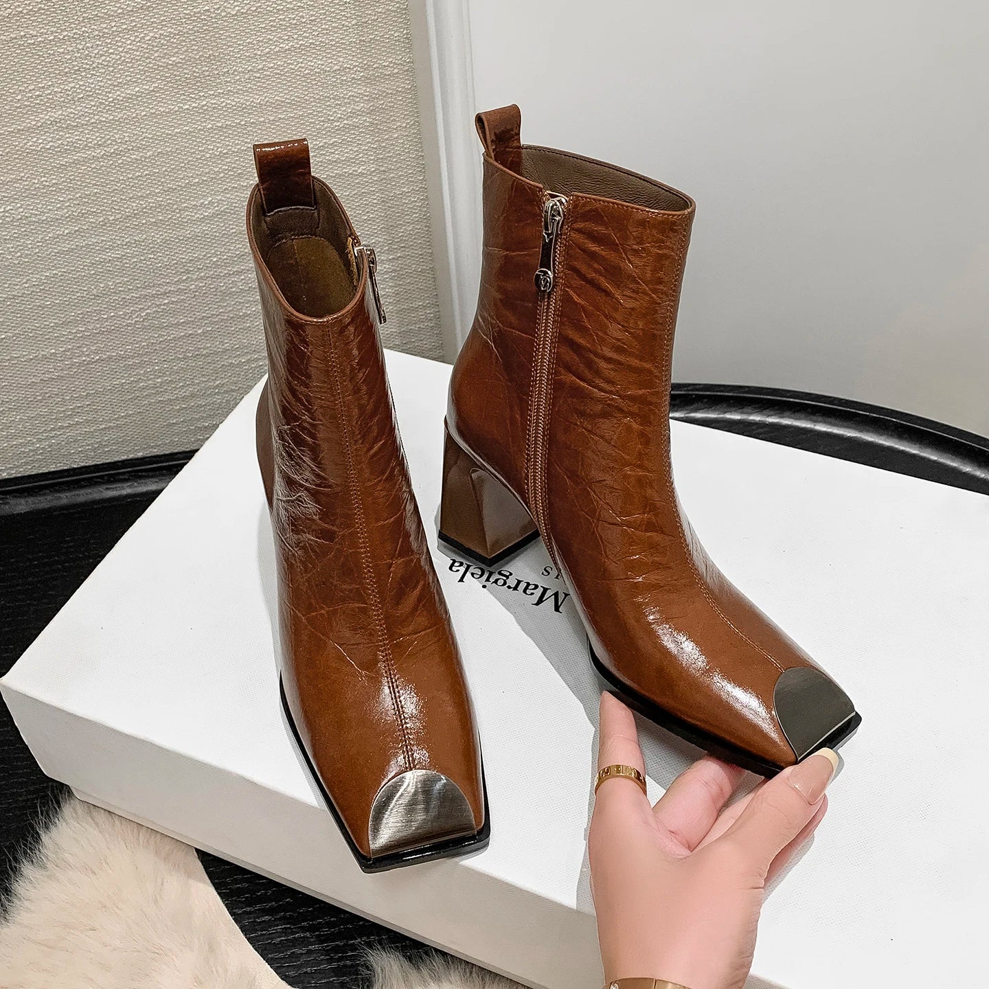 Fashion Genuine Leather women's Ankle Boots Square Metal Toe High Thick Heels Lady Party Dating Boots Women Autumn