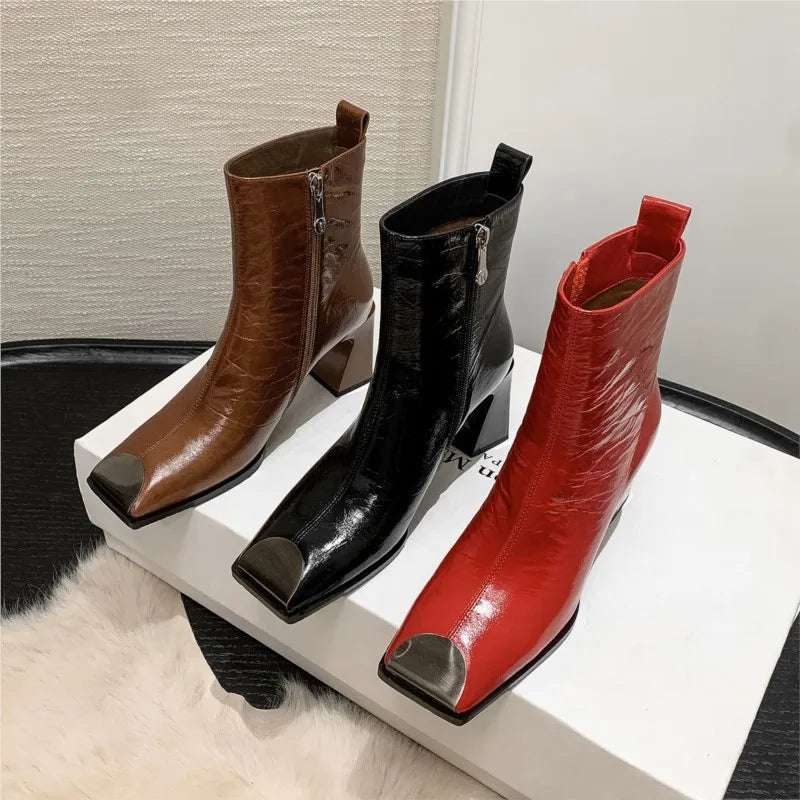 Fashion Genuine Leather women's Ankle Boots Square Metal Toe High Thick Heels Lady Party Dating Boots Women Autumn