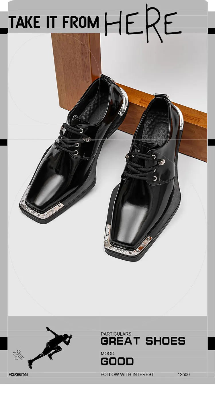 Metal Square Toe Derby Shoes Fashionable Thick Soled Lace Up Design Upturned Toe Thick Heel Trendy Men's Casual Leather Shoes