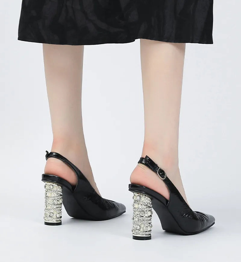 Luxury Pearls Rhinestones Genuine Leather Women Pumps Elegant Pointed toe Pleated Slingbacks High heels Female Party Dress Shoes