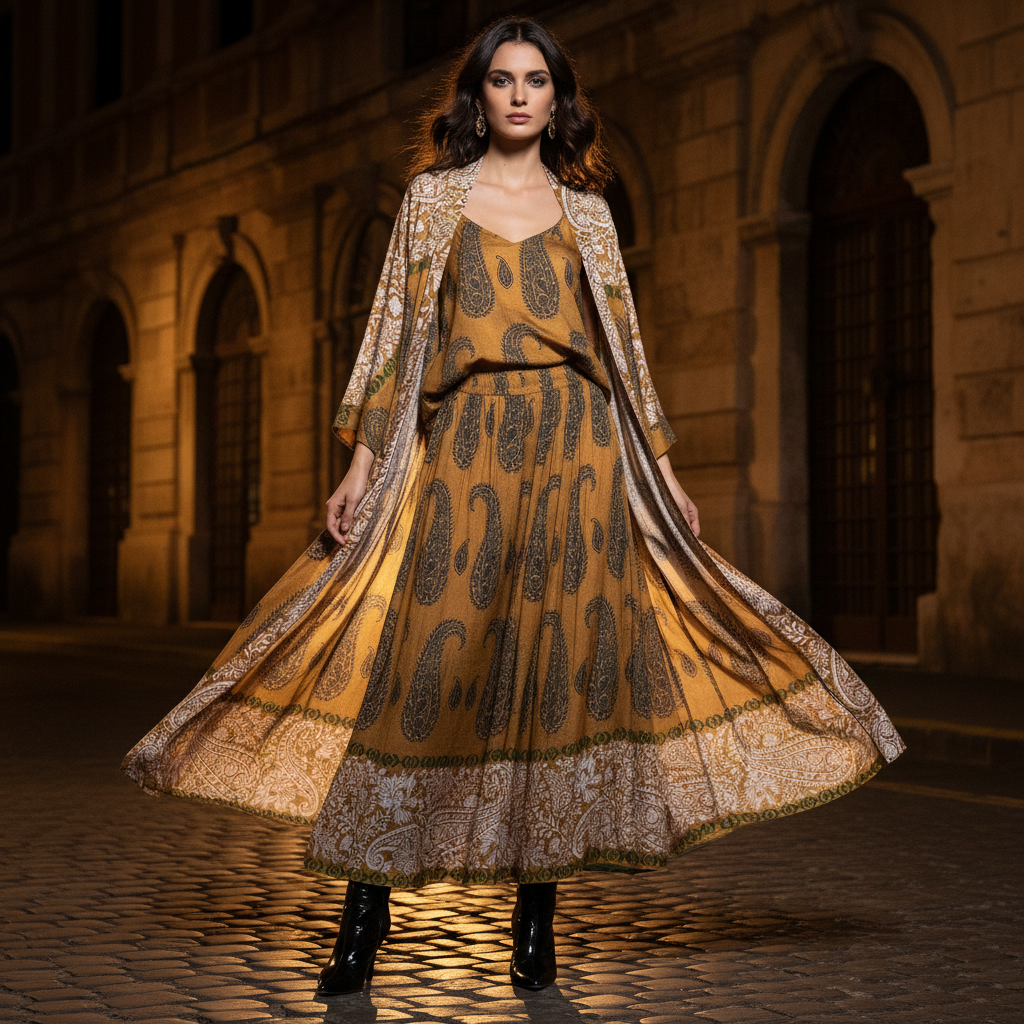 Retro positioning printed long cardigan+vest three piece set 2026 spring women's clothing+loose pants skirt fashion set