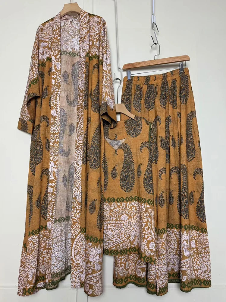 Retro positioning printed long cardigan+vest three piece set 2026 spring women's clothing+loose pants skirt fashion set