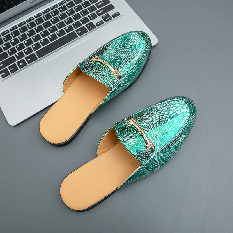 Fashion Brand Men's Cool Snake Skin Pattern Comfortable Half Back Leather Shoe Summer Men Breathable Bottom Casual Leather Shoes