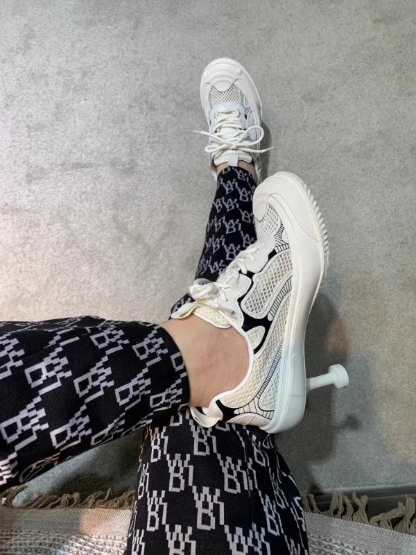 Summer Adult Girls High Heeled Dad Shoes Women Spring Versatile Breathable Lace up Casual Shoes Fashion Sports Mesh High Heels