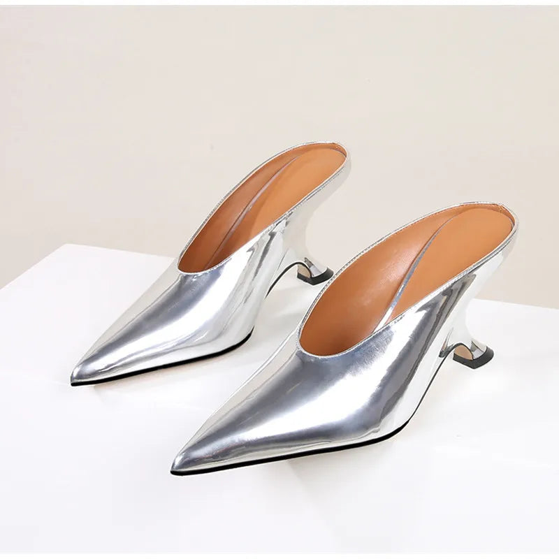 2024 New Design Fashion  Platform Wedges High Heels Mule Women Slippers Concise Shallow Pointed Toe Party Dress Ladies Shoes