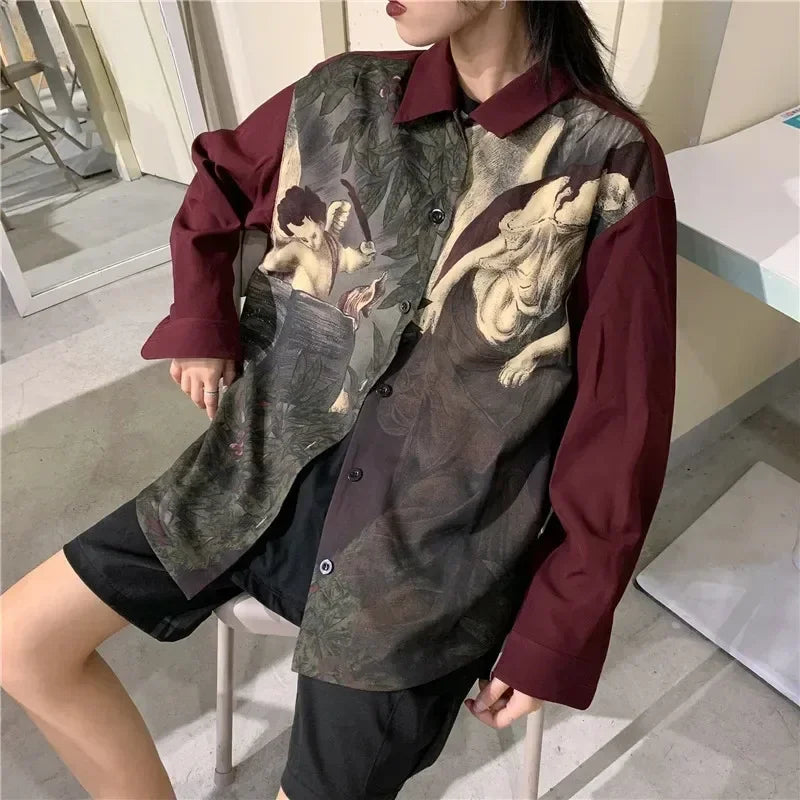 Vintage Blouse Shirt Japanese Clothes Oversized Blusas Fashion Print Women Blouses Long Sleeve Oversized Tops Men Clothes Blusas