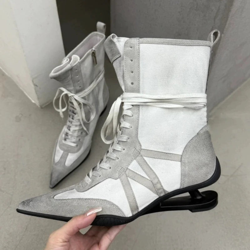 Pointed Toe Cross-tied Designer Women Boots Warm Strange Heel Retro Ankle Boots Zip Street Style Fashion High Short Boots Female