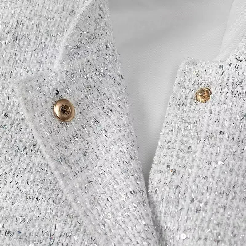 Women's Sequined Bomber Jacket Fall New Round Neck Long Sleeve Pocket Stretch Hem Sequins Jacket Coat Female Chic Outerwear