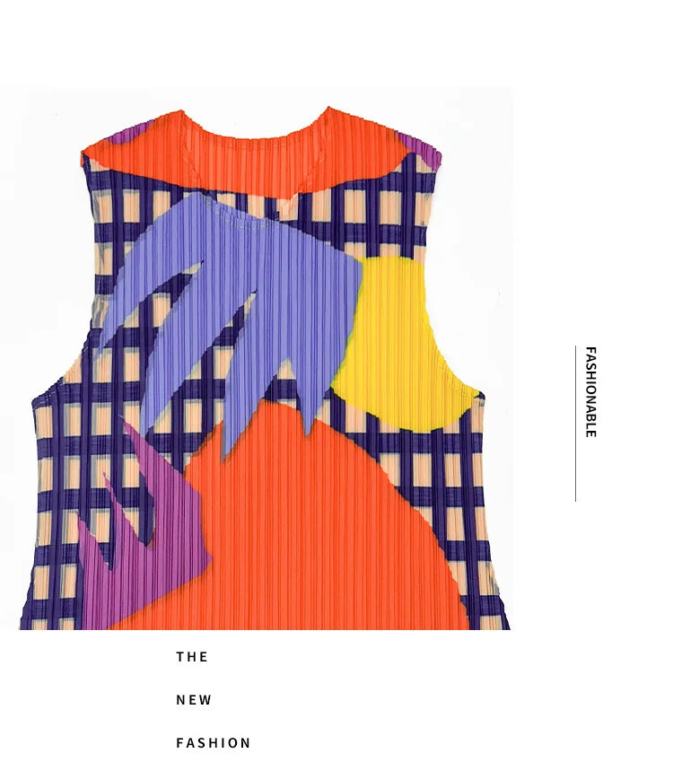 Miyake Pleated Sleeveless Vest Women's Spring and Summer New Contrast Color Geometric Print Loose Casual Fashion Round Neck Top