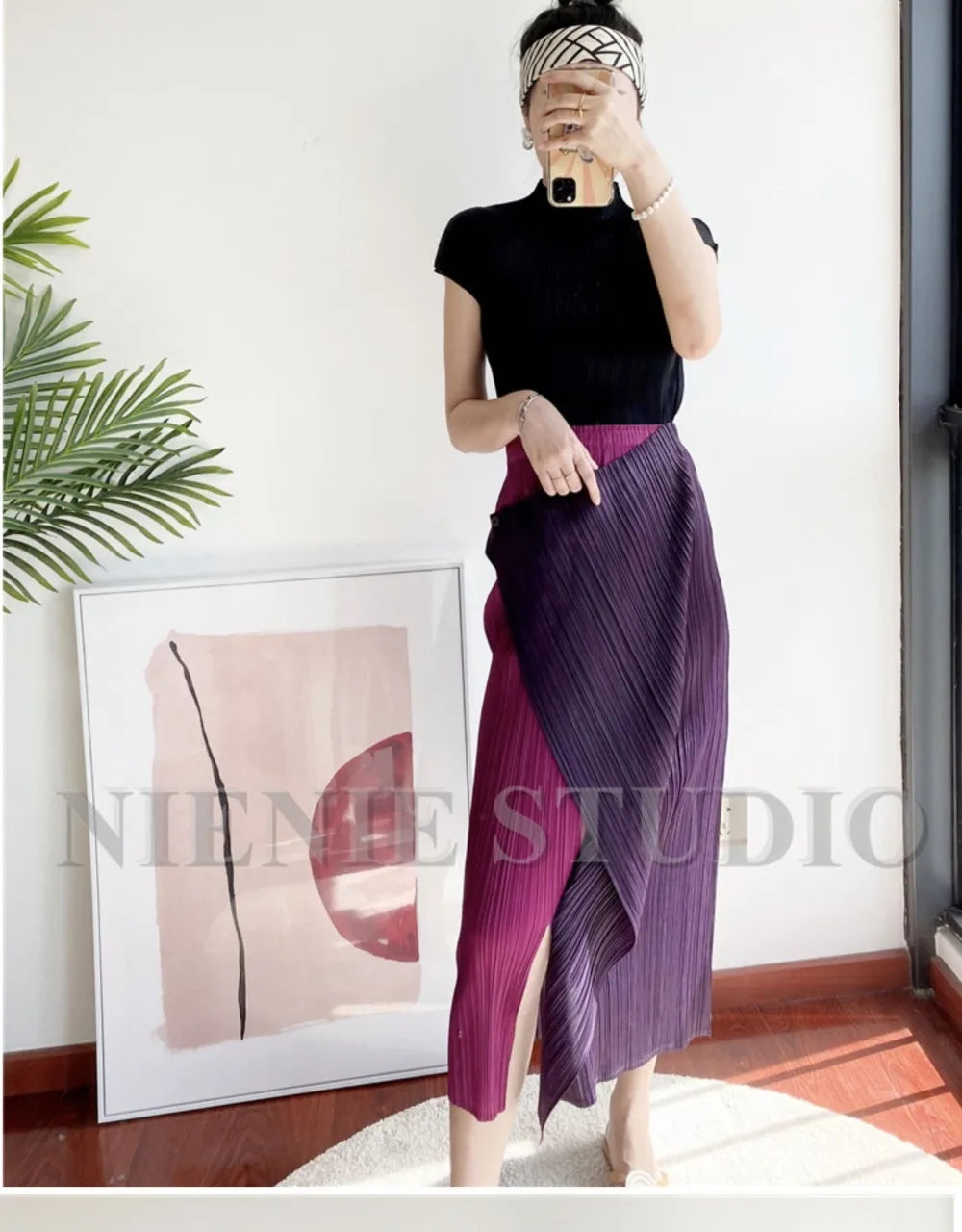 Miyake Pleated Skirt High Waist One Button Stitching Long Asymmetrical Skirt Two Piece Straight Korea Fashion Aesthetic Clothes