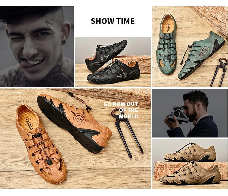 Men's slippers flat bottomed beach breathable genuine leather business casual non slip lightweight hollow out outdoors sandals