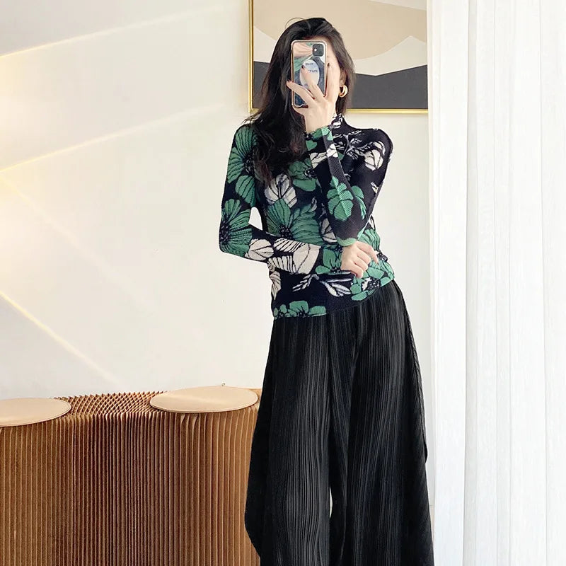 Miyake Pleated Contrasting Colors T-shirt Women Half Turtleneck Skinny Pullover 2025 Summer Fashion Female Clothing