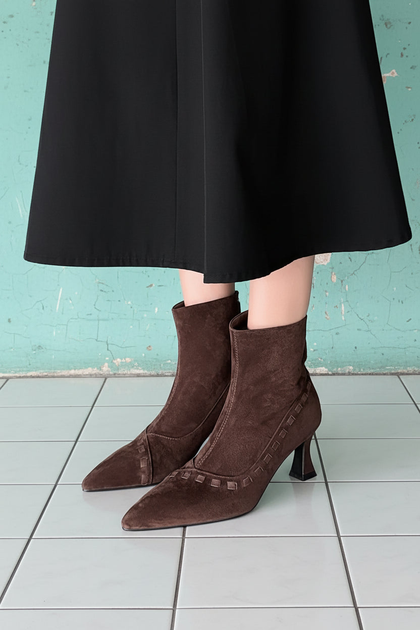 Elegant  Short Boots Pointy Toe Thin High Heels Office Lady Shoes Dress Autumn Real leather Suede women's Retro Boots