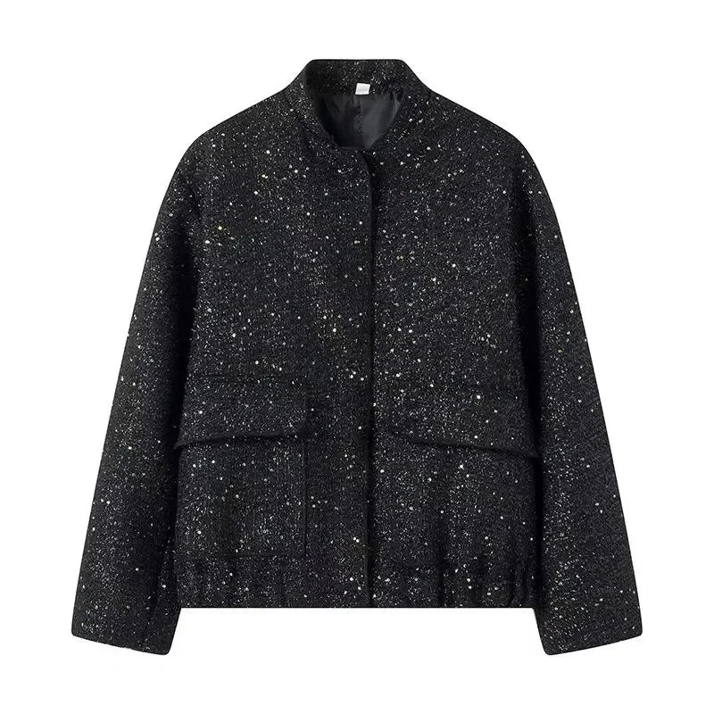 Women's Sequined Bomber Jacket Fall New Round Neck Long Sleeve Pocket Stretch Hem Sequins Jacket Coat Female Chic Outerwear