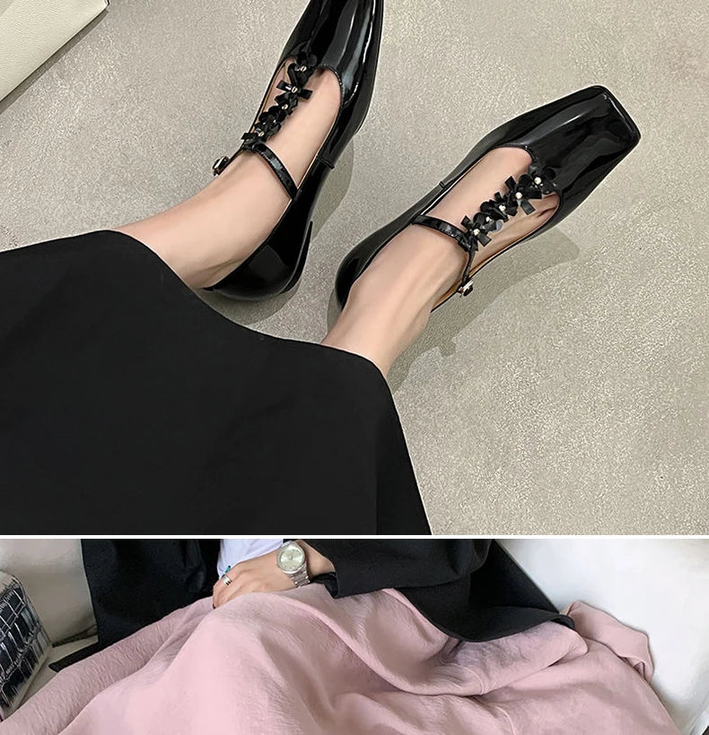 Ods Lolita Shoes 3cm Heels Square Toe Lace-Up Classic Style Sandals Ladies Slip On Shallow Mouth 2025 Mary Jane 5cm Gold Retro