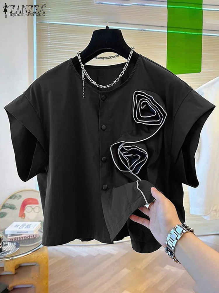 ZANZEA 2025 Summer Blouses Women Three-D Flowers Shirts Short Sleeve Blusas Chic Round Neck Shirts Casual Loose Colorblock Tops