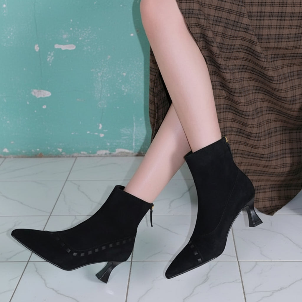 Elegant  Short Boots Pointy Toe Thin High Heels Office Lady Shoes Dress Autumn Real leather Suede women's Retro Boots